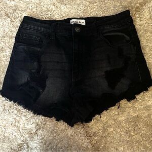 High Rise Black Distressed Denim Shorts